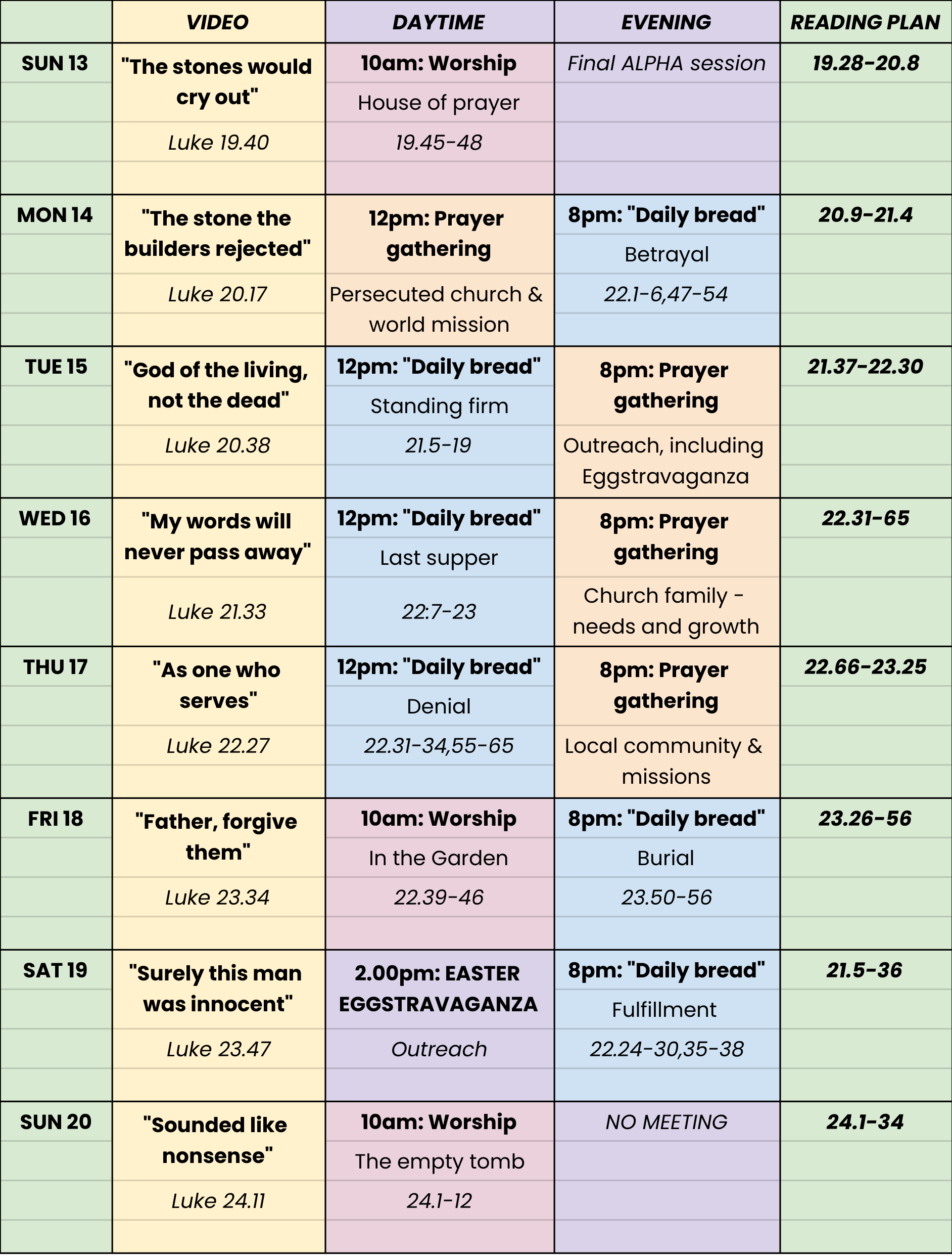 E25 prayer week timetable